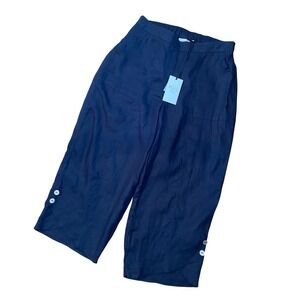 NWT FOIL Genie-US Linen Cropped Pants True‎ Navy Blue Wide Leg Button Hem